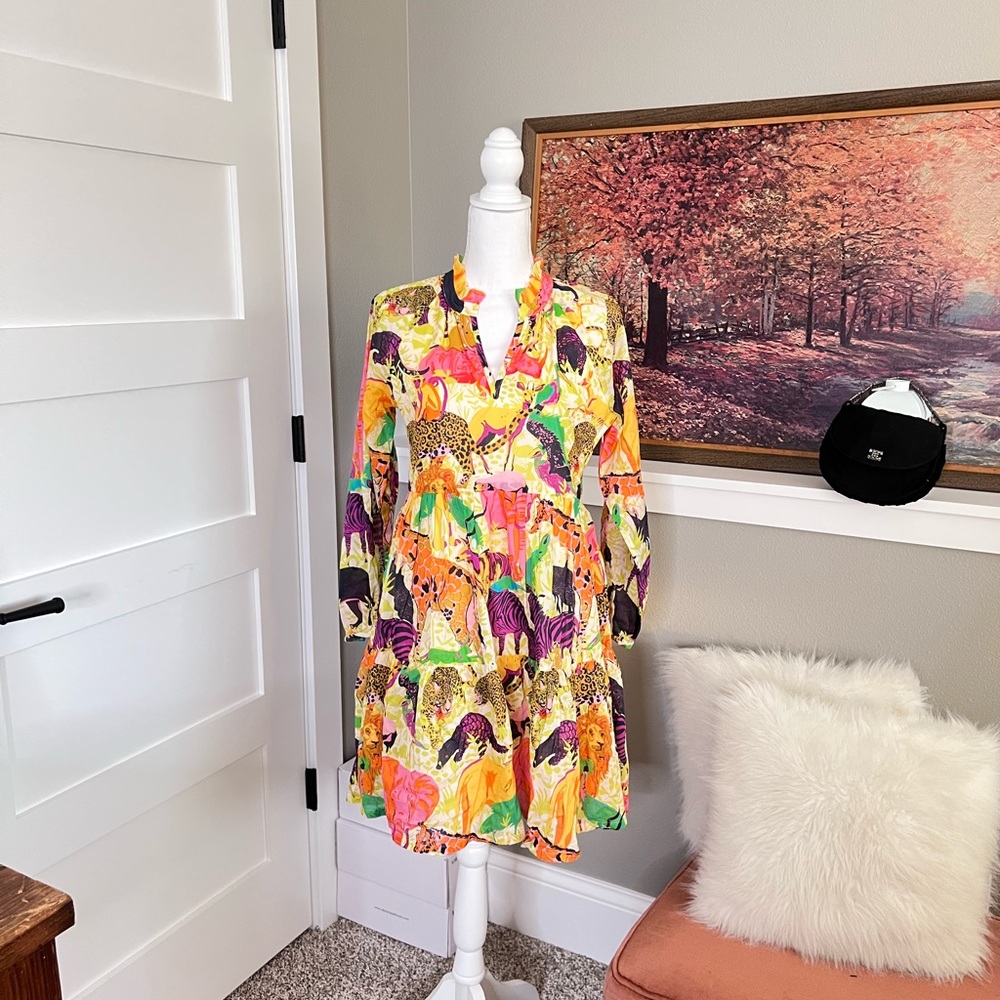 J crew RARE long sleeve poplin popover tiered dress RATTI safari animal print 4